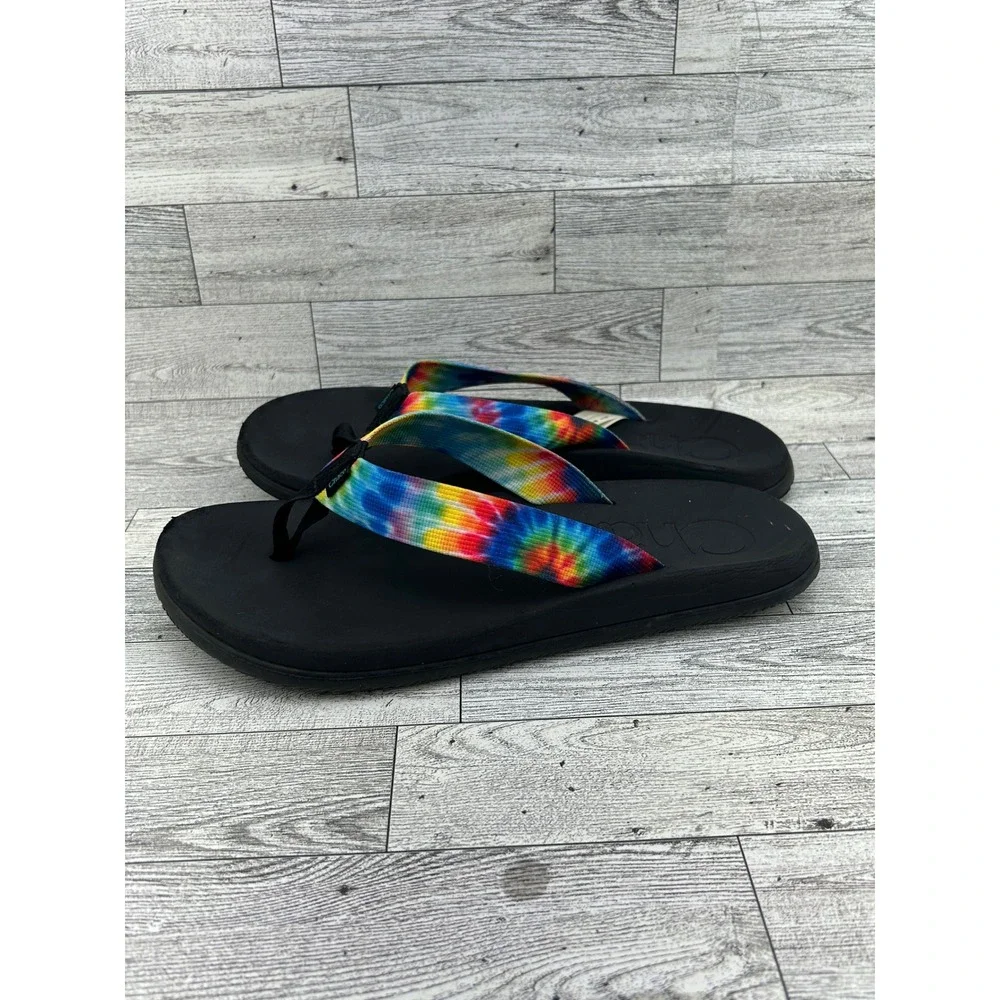 Chaco Chillos Flip Flops Men Sz 10 Black Tie Dye‎ Rainbow Straps Sandals J108035